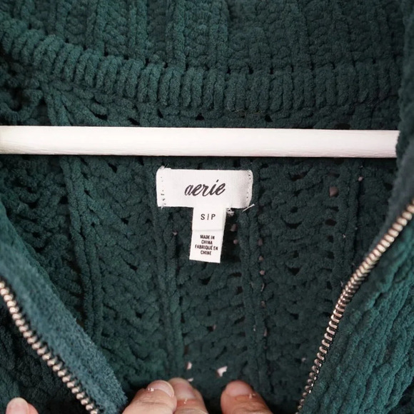Aerie Cable Car Quarter Zip Sweater Green Chunky Knit Winter Cozy Warm Oversized - Picture 6 of 10